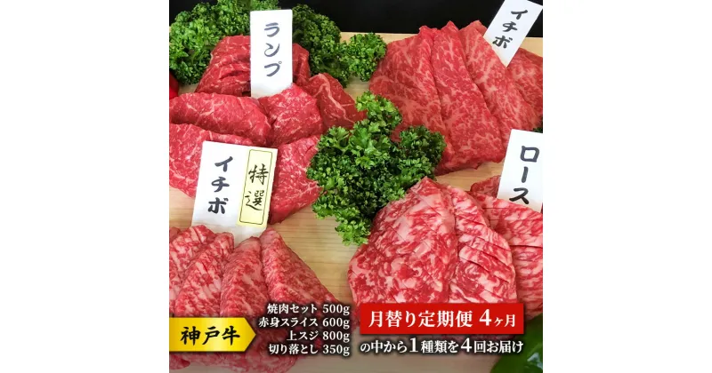 【ふるさと納税】神戸牛 月替り定期便 4ヶ月 （焼肉セット 500g 赤身 スライス 600g 上スジ 800g 切り落とし350gの中から1種類を4回お届け） 牛 牛肉 お肉 肉 和牛 お楽しみ 【 赤穂市 】　定期便・国産 　お届け：こちらの商品はお届けまでに1ヶ月程かかります。