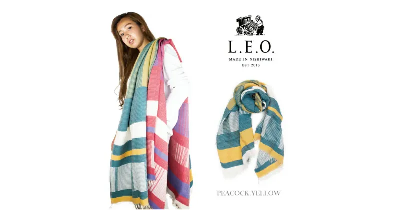 【ふるさと納税】播州織 ダブルフェイスブロックコットン ストール【 L.E.O.】PEACOCK.YELLOW ピーコック イエロー